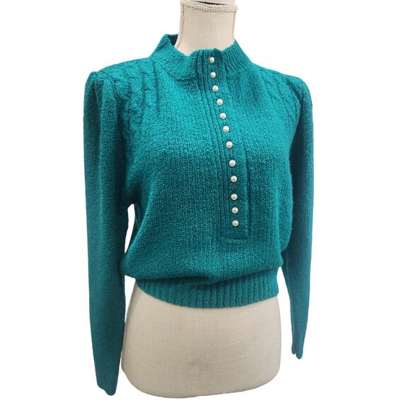 Womens Small Vintage 80's Green Knit Turtleneck Sweater Cardigan Kimberly Hope - Picture 1 of 10